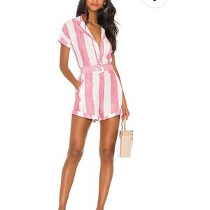 Beach Riot Pink White Striped Linen Cotton Belted Romper Beach Coverup Women’s S